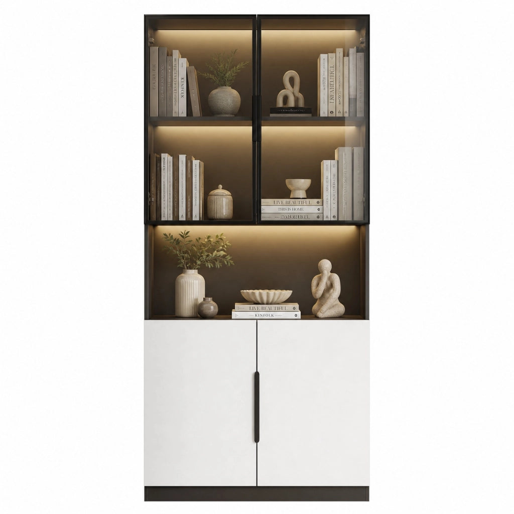 Vetrina moderna con ante in vetro e LED; 80 x 30 x 200 cm; bianca con dettagli neri