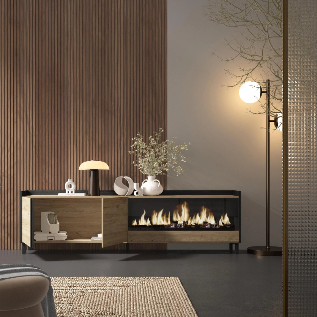 Mobile TV Soggiorno, 212x61x35 cm, Per TV fino a 80", Camino elettrico XXL, Design industriale, Rovere e nero