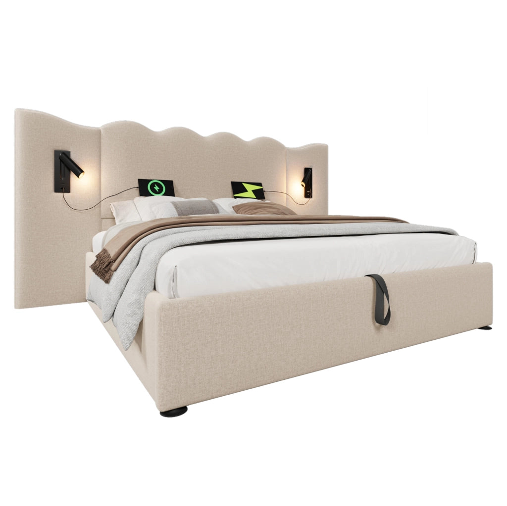 Letto matrimoniale imbottito 180x200 cm in lino beige con lampada da lettura e porta USB/Type-C; contenitore