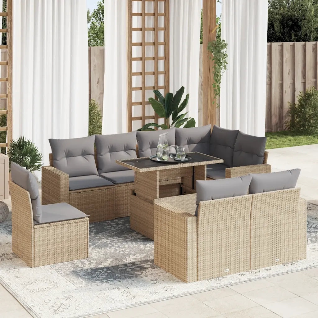 Set Divano da Giardino 9 pz con Cuscini Beige in Polyrattan 3326340