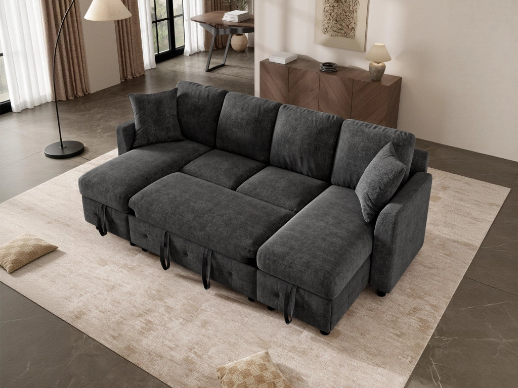Divano angolare convertibile in chenille con funzione letto, contenitore, USB e tipo C, grigio scuro 260 × 128 × 82 cm