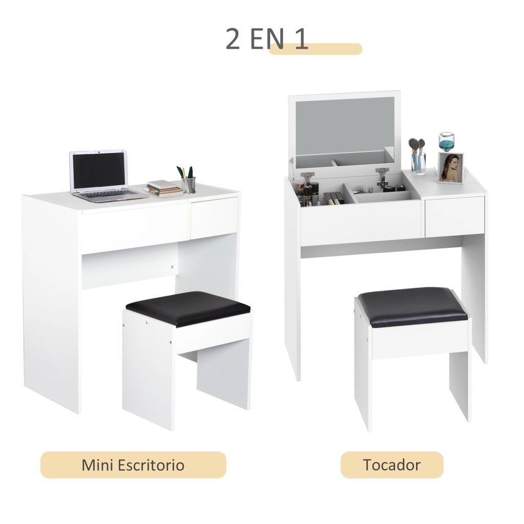 Cassettiera da trucco con specchio e sgabello ¨C zephmum ¨C bianco 80x40x79 cm