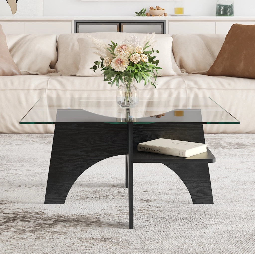 Tavolino da caffè quadrato 80 cm in vetro e MDF nero
