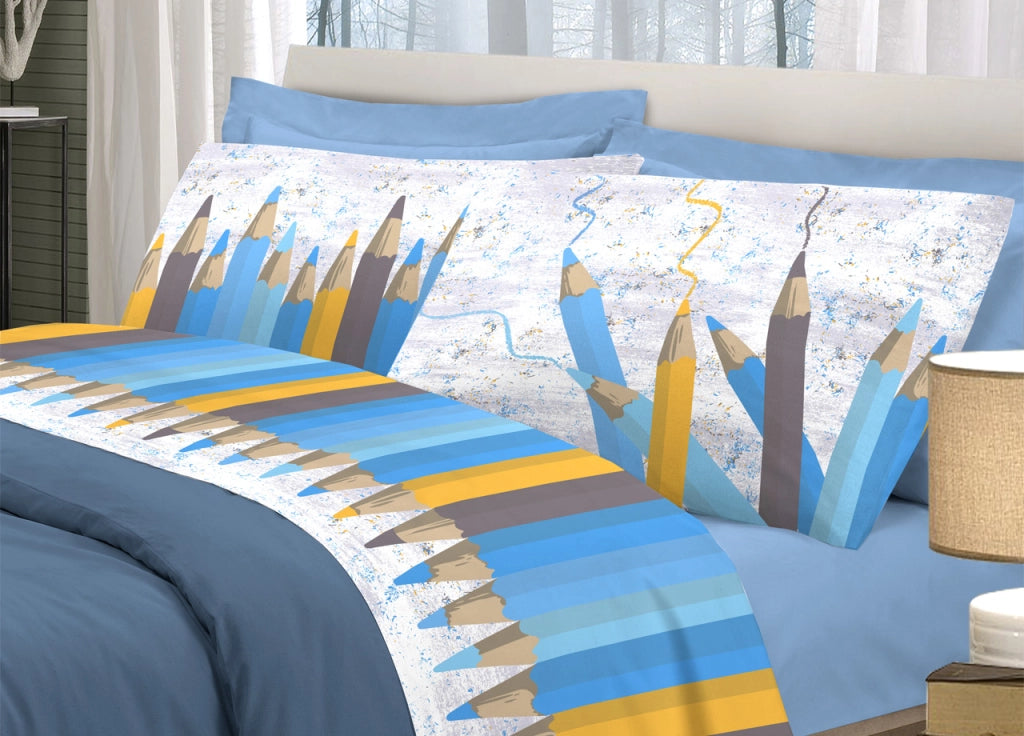 Completo Lenzuola Linea Pensieri Delicati 100% Cotone Disegno Matitoni - Singolo - Blu