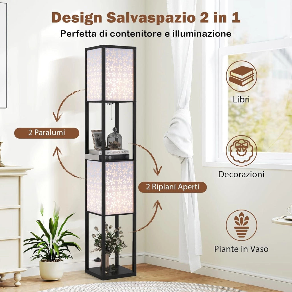 Lampada da Terra a 2 Luci con Mensole, Lampada a Stelo con 2 Paralumi Traforati, Catena a Strappo e Interruttore a Pedale, Richiede Lampadine E27, per Salotto e Camera da Letto (Fiori)