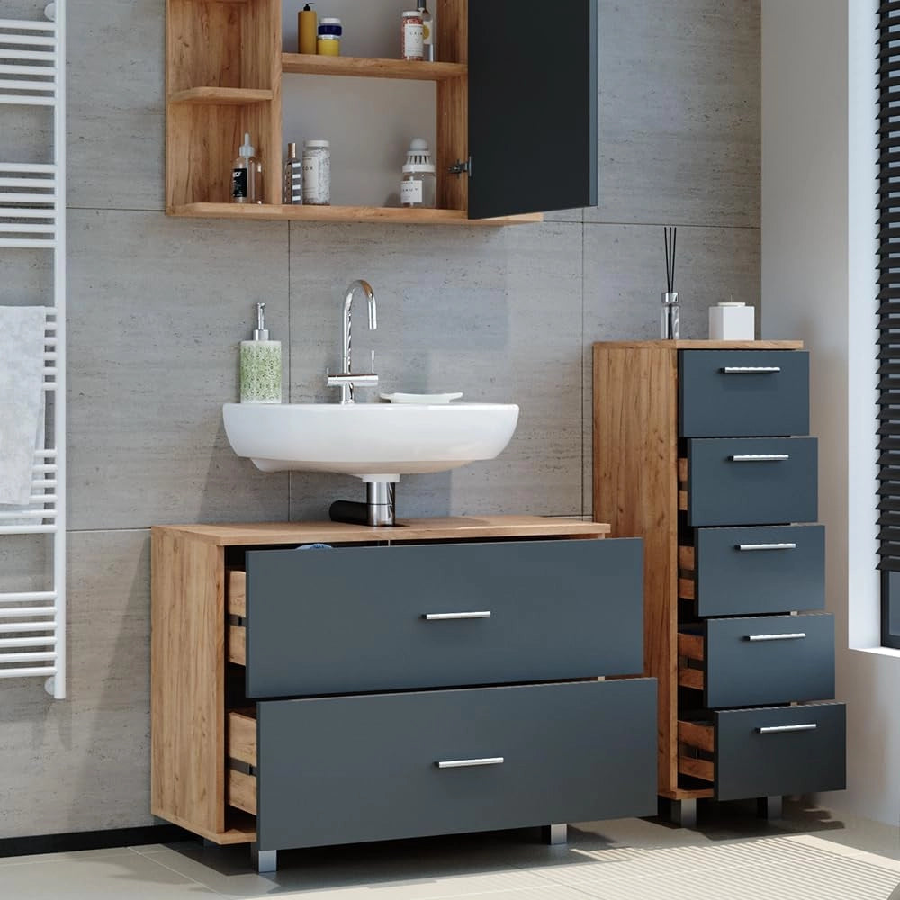 Set mobili bagno Ilias, Antracite/quercia dorata, 80 cm, composto da mobile sottolavabo, specchiera e mobile medio