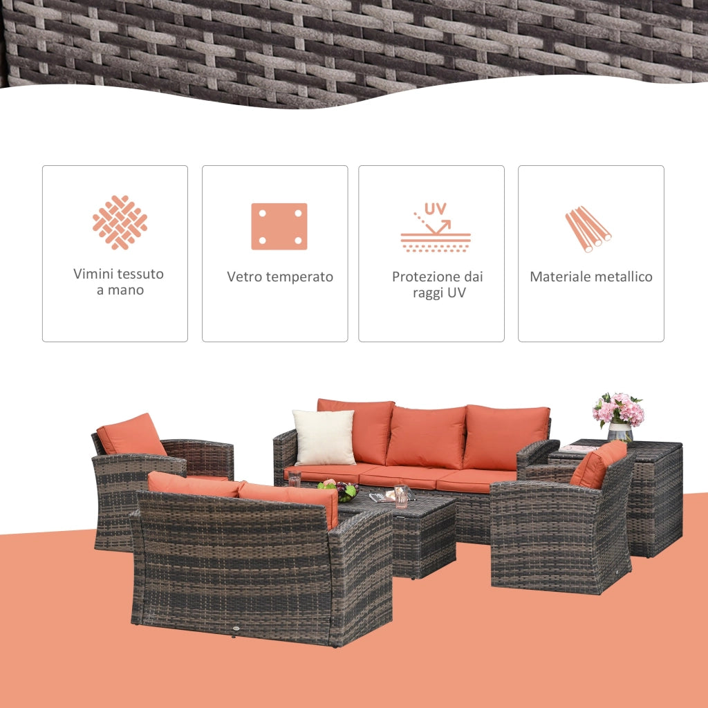 Set Salotto da Giardino 2 Divani 2 Poltrone Tavolino e Contenitore in Rattan Marrone e Arancione