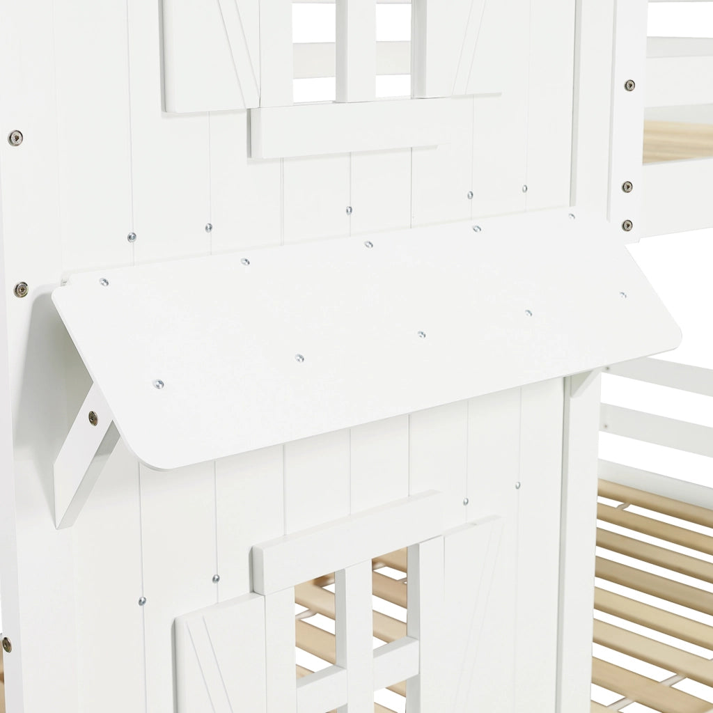 Letto a castello 90x200 cm con finestre e tetto; scala; in legno e MDF bianco
