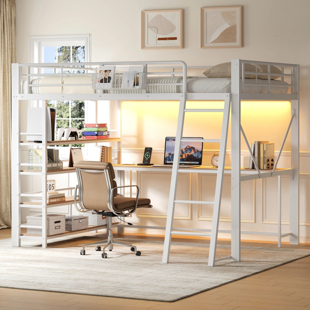 Letto a Soppalco Matrimoniale 140x200 cm; Scrivania; USB; LED e Mensole; Bianco