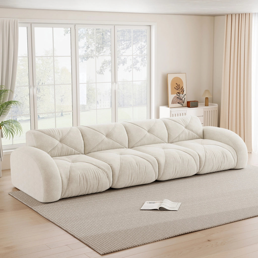 Divano modulare a quattro posti senza telaio con schiuma 32D e tessuto chenille beige chiaro 358 × 95 × 76 cm
