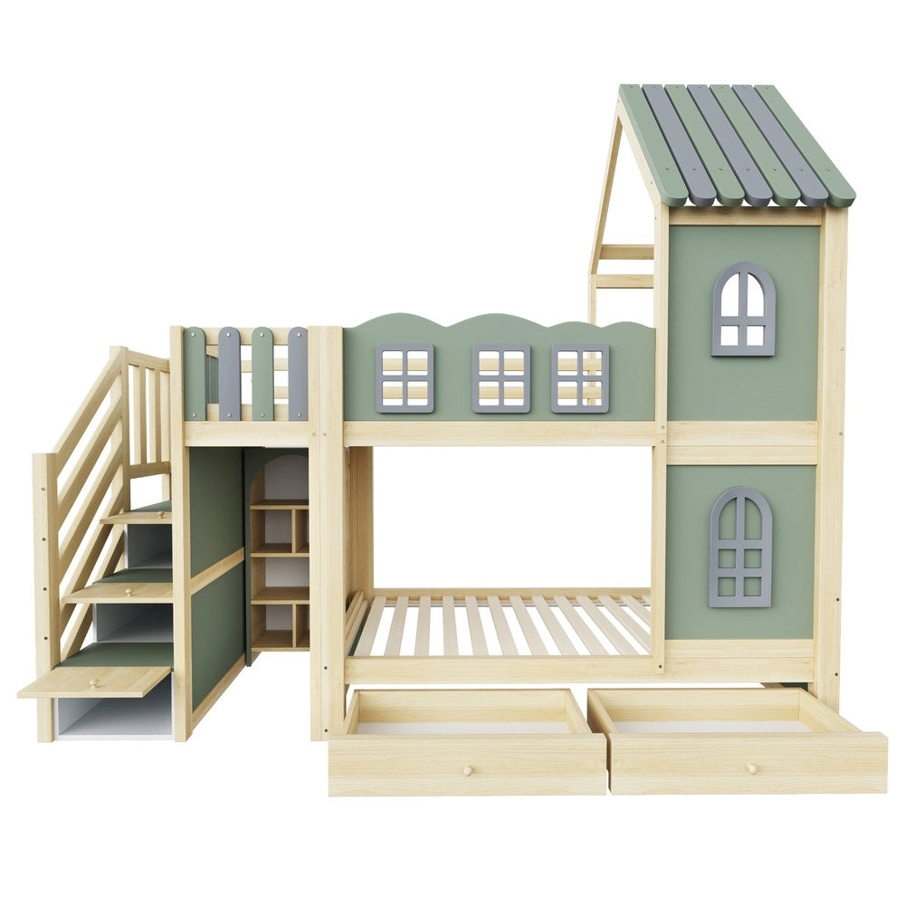 Letto a castello per bambini ¨C Minimal ¨C 90x200 cm in legno verde con cassetti e mensole