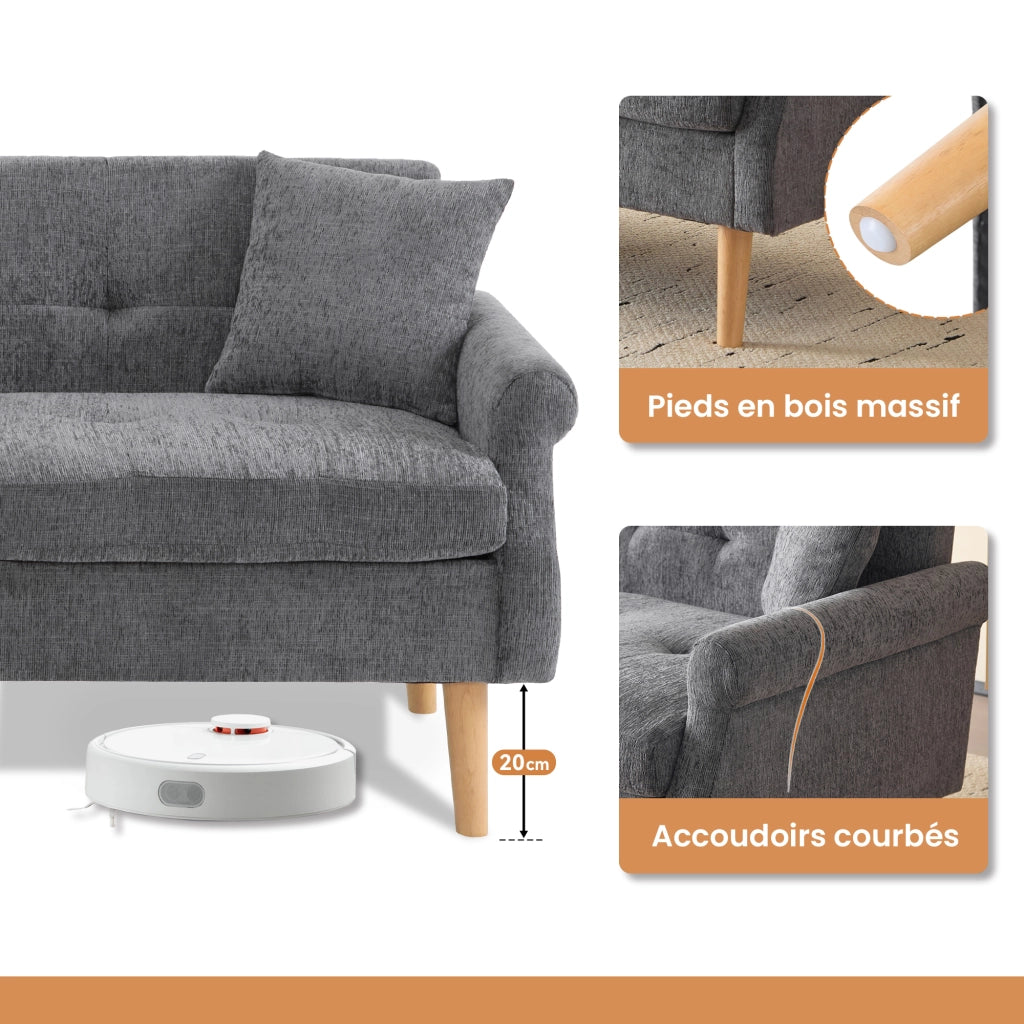 OKWISH Divano 2 Posti con Cuscini, Seduta Spessa 15 cm e Braccioli Ergonomici, Ciniglia Grigio, 162 x 74 x 77 cm