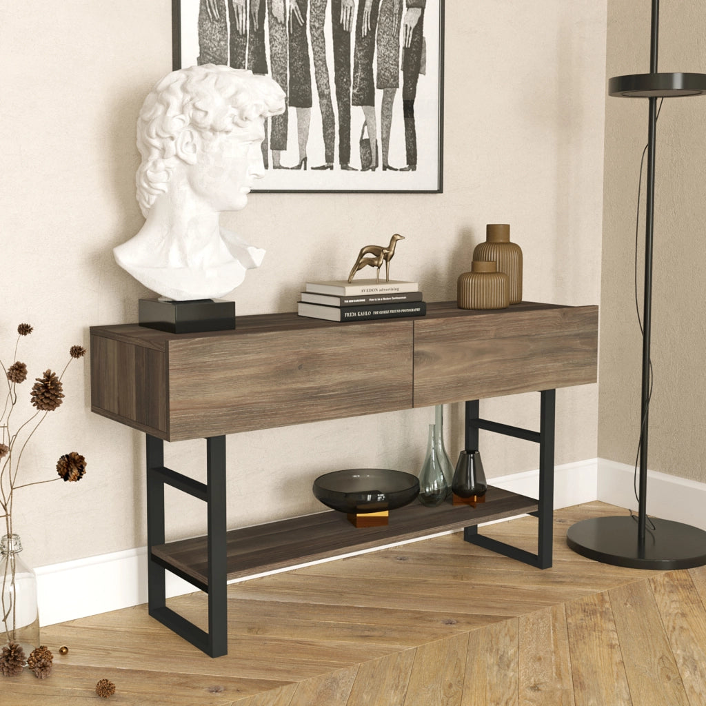 Tavolo Consolle Lappeenranta Mobile Contenitore con Ante a Ribalta 76x139x43 cm Effetto Rovere Scuro/Nero [en.casa]