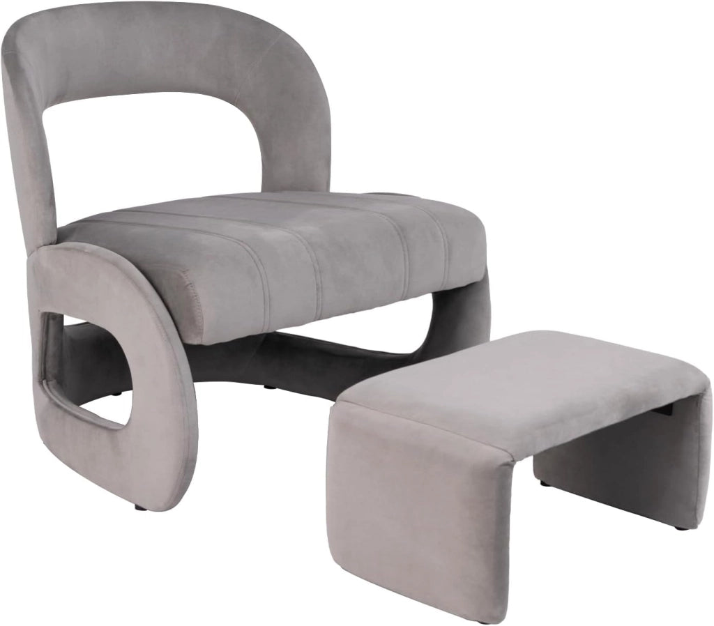 Poltrona con Pouf, Poltrona Relax con Poggiapiedi, Set di Sedia e Pouf Rivestiti in Velluto, con Schienale Curvo Aperto, Sedia da Lettura per Soggiorno, Portata 180 kg