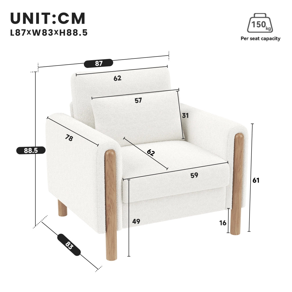 Poltrona lounge in Teddy bianco con cuscino spesso e struttura in legno massello