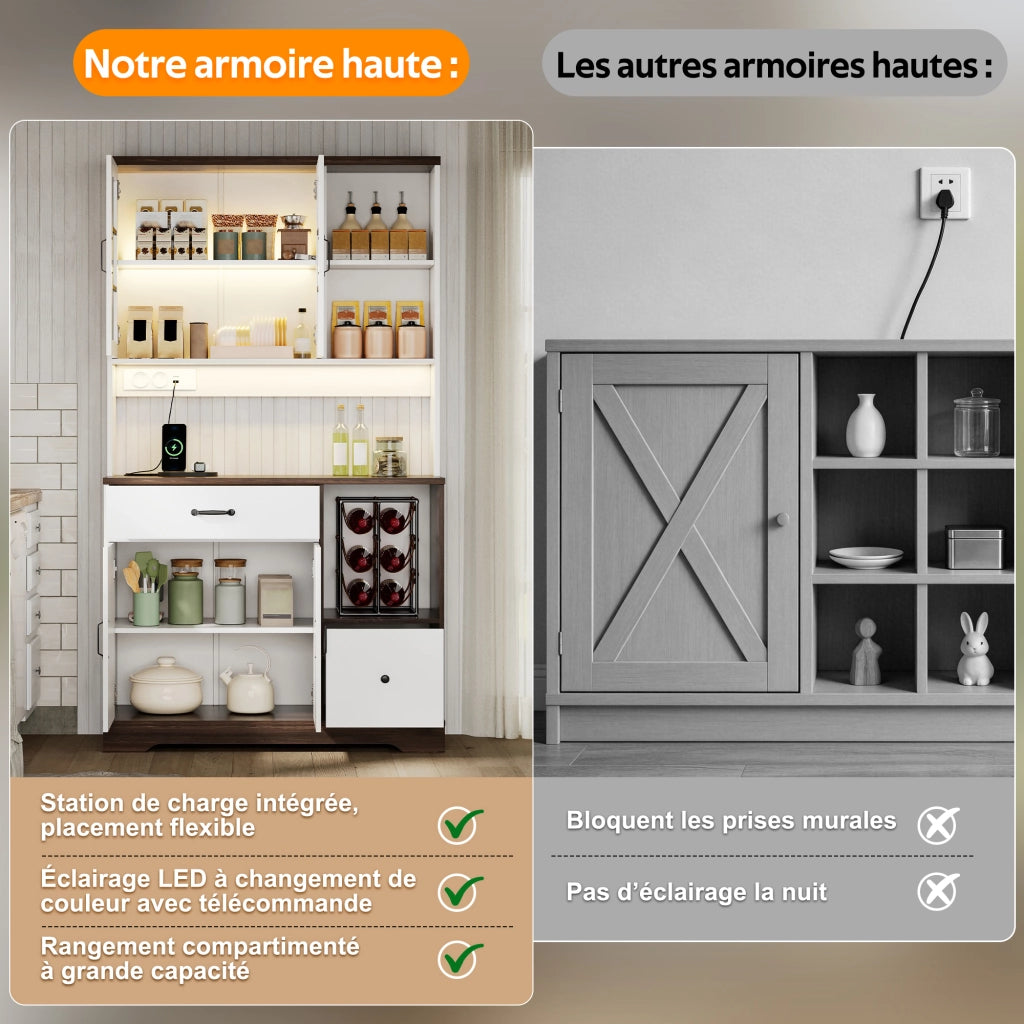 Credenza alta da cucina con LED, prese e ripiani regolabili, ante in vetro per cucina e soggiorno 105 × 40 × 185 cm