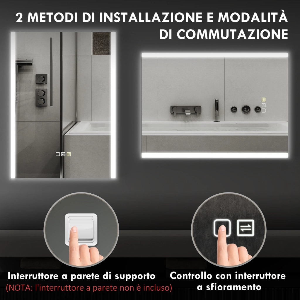 Specchio da Bagno con Luce LED ¨C Xylo ¨C Vetro Temperato, 70x50x3 cm, Argento