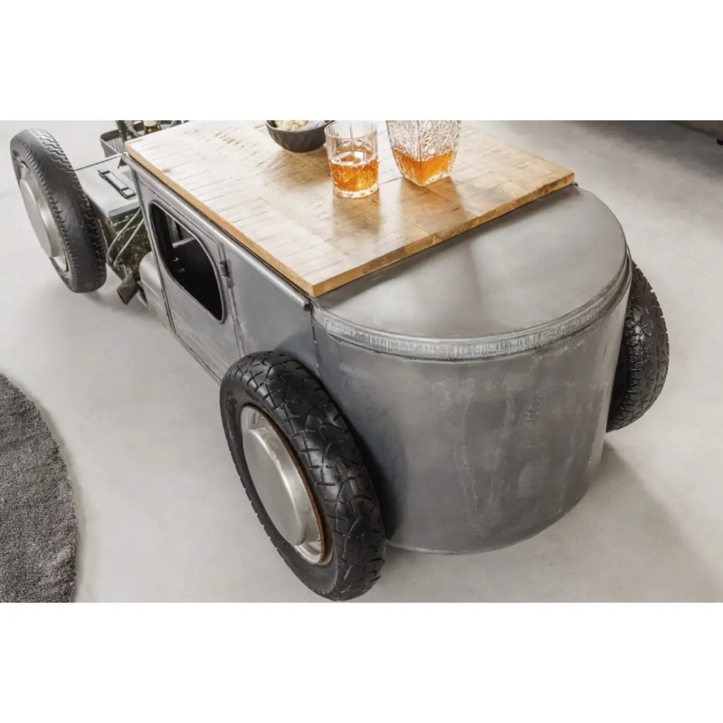 Tavolino CARROAD 165 cm in acciaio e legno di mango stile auto d'epoca