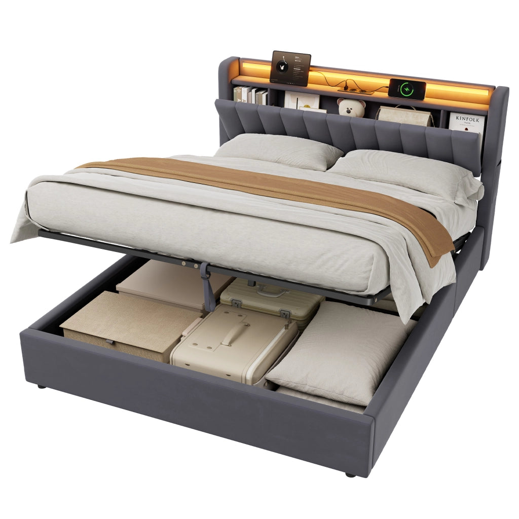 LETTO Imbottito 160 x 200 cm Grigio Scuro con Contenitore, USB e LED