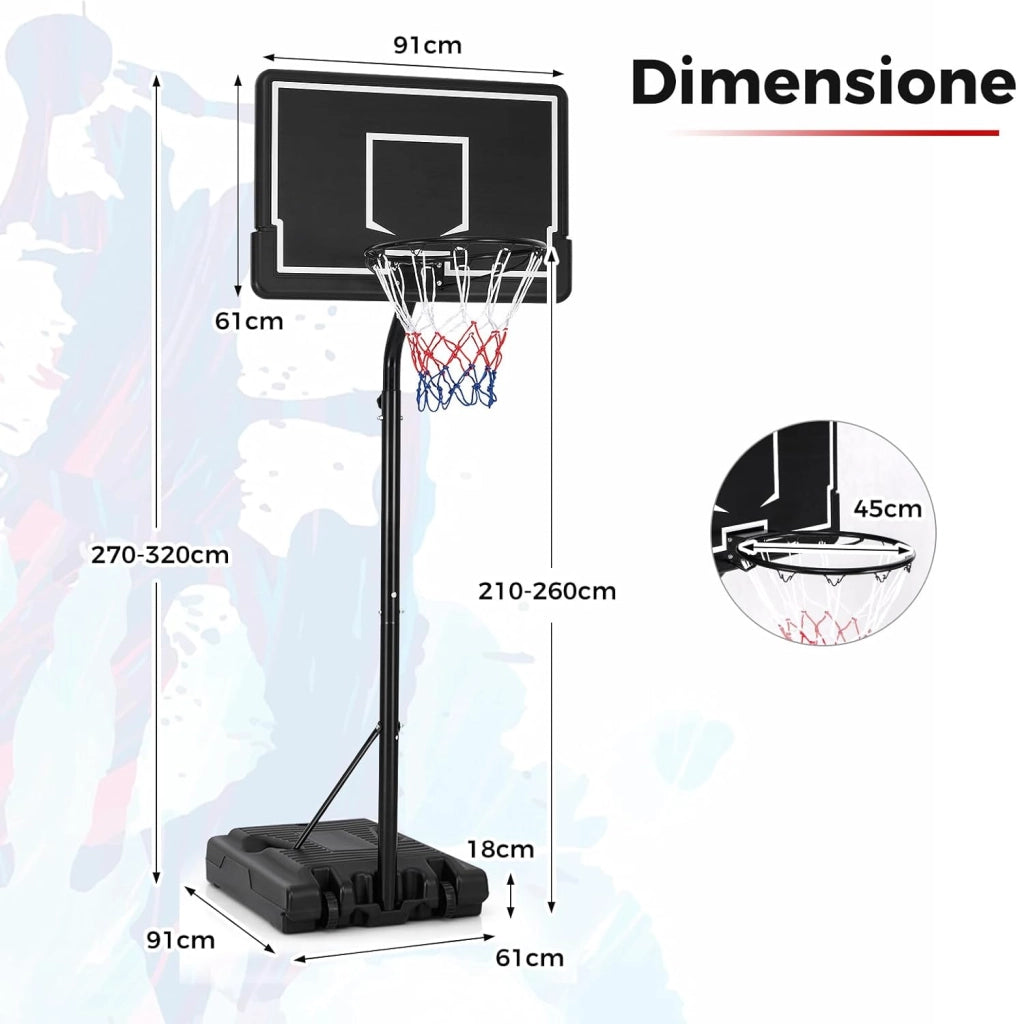 Canestro da Basket Portatile e Regolabile da 2,1 a 2,6 m, Canestro da Basket da Interno e Esterno con Base Riempibile, Tabellone in Policarbonato Antiproiettile e Ruote