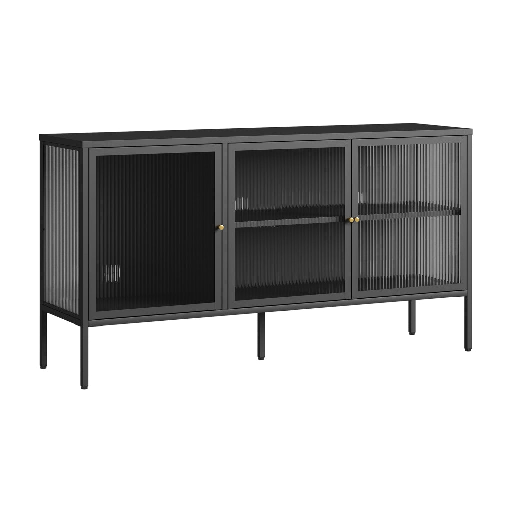 Mobile TV Vinterhavn Credenza in Acciaio Nero con 3 Ante in Vetro Scanalato 80x150x40 cm [en.casa]