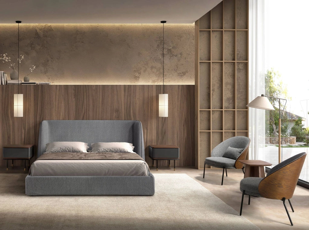 Comodino in legno grigio scuro opaco, acciaio nero e piano in noce