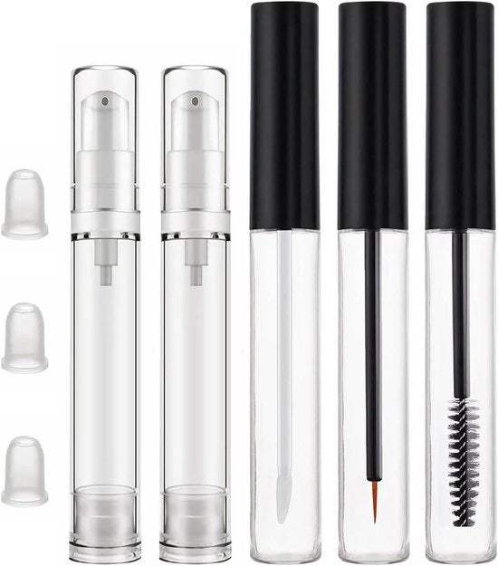 3 pezzi 10 ml Tubi Mascara trasparenti con bastoncino, Tubi Eyeliner vuoti e Tubi Lip gloss + 2 pezzi 10 ml Flessi pompanti senza aria (Confezione da 5 pezzi)