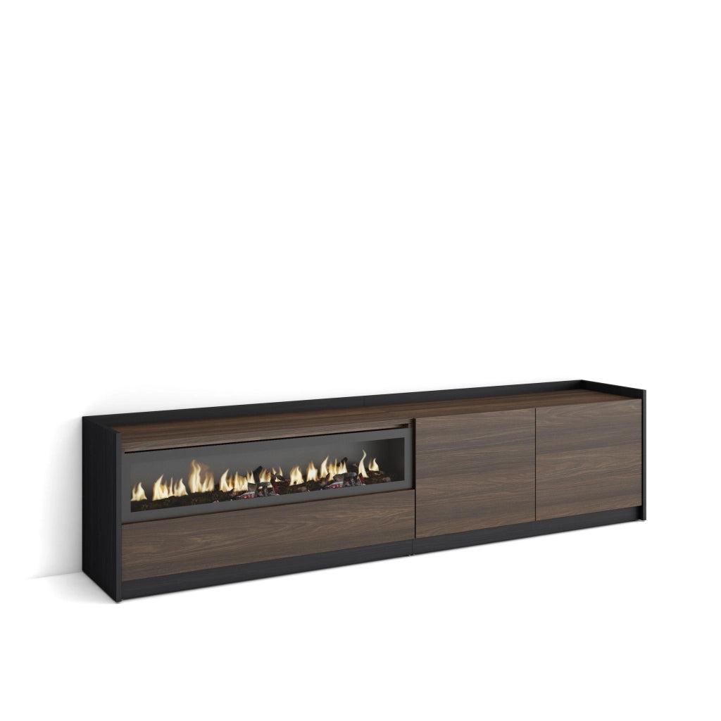 Mobile TV Soggiorno, 207x50x37 cm, Per TV fino a 80", Camino elettrico, Rovere scuro e Nero