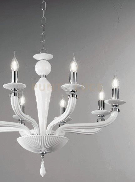 LAMPADARIO VILLA VETRO E METALLO 12 LUCI BIANCO E CROMO ATTACCO E14 D.85CM