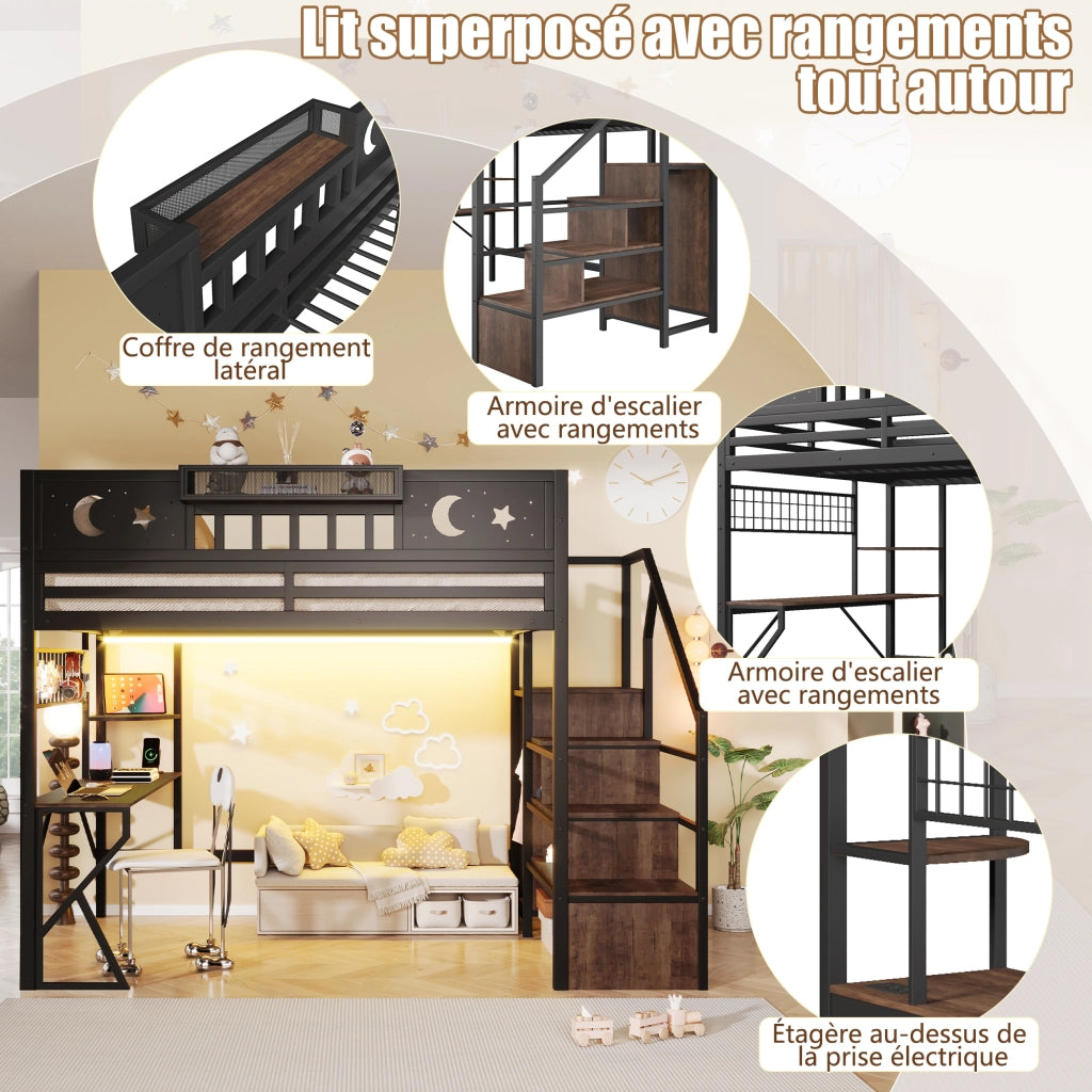 Letto a soppalco 140x200 cm con scrivania; pannello pegboard; ripiani; LED; USB e gambe a K; metallo nero