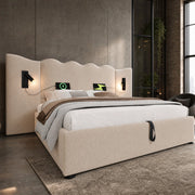 Letto matrimoniale 160x200 cm con contenitore, lampada da lettura e USB Type-C, beige