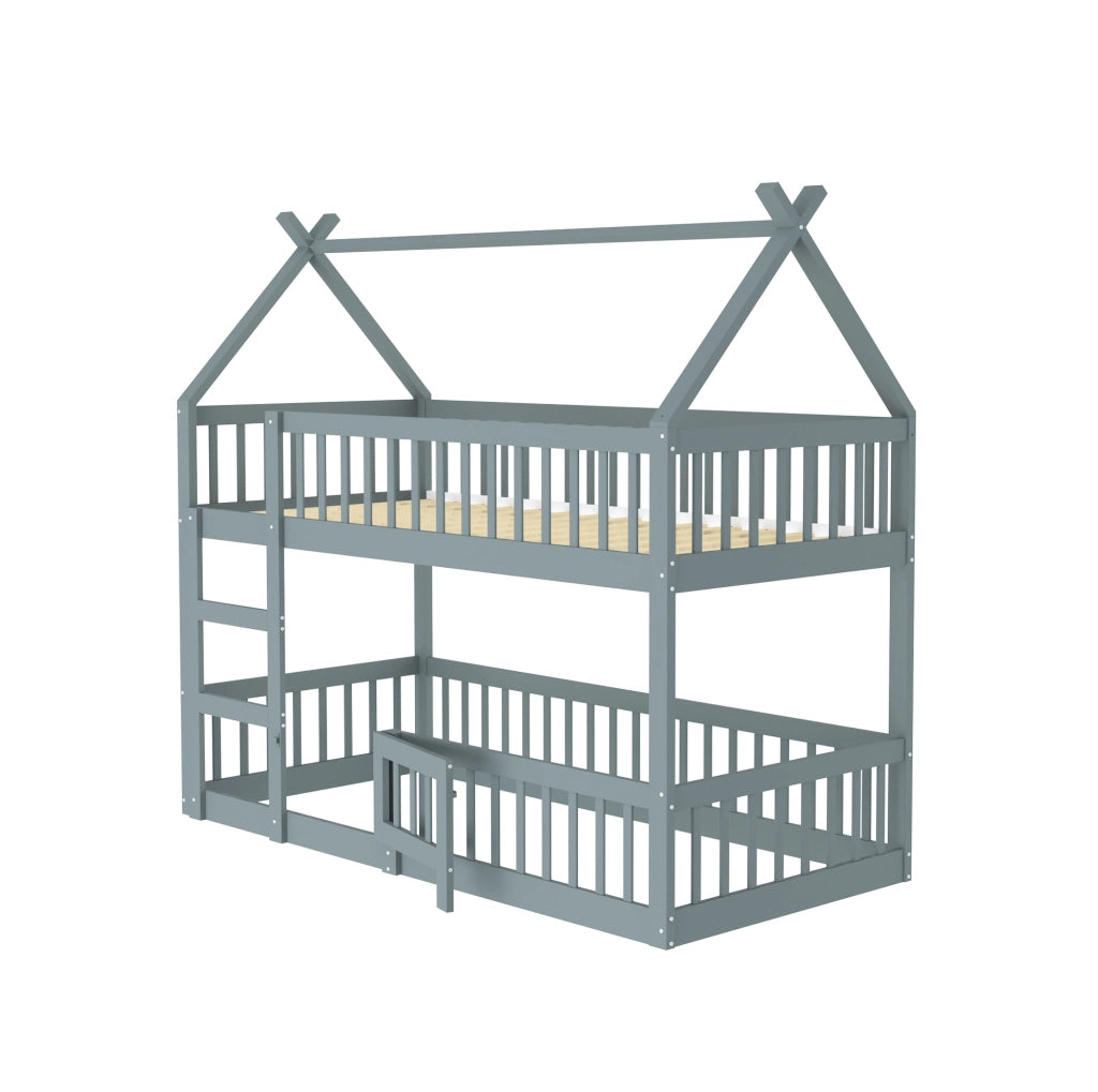 Letto a castello per bambini 90x200 cm con scala; design alto e basso; grigio