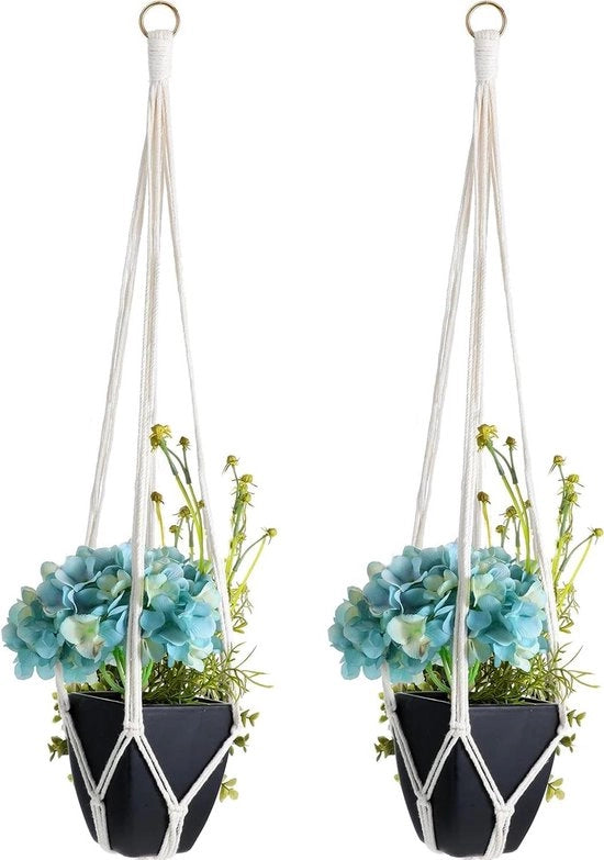Set di 2 Pendenti per Piante in Macramé - Pendenti per Piante in Coton per Interno e Esterno - Decorazione per Parete per Plafond, Balcone - con Ganci in Metallo