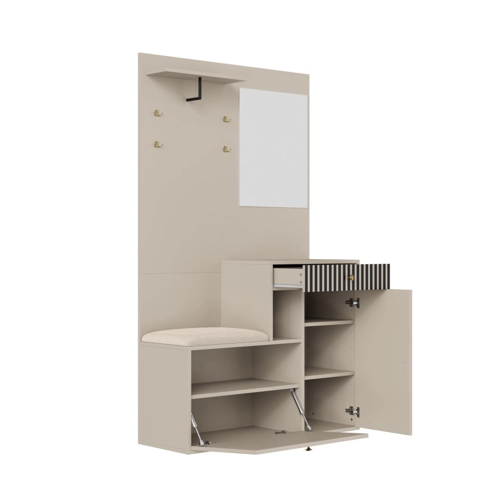 Mobile ingresso con specchio; seduta imbottita; ripiani regolabili e ganci; 110 x 37 x 185;5 cm; beige e crema