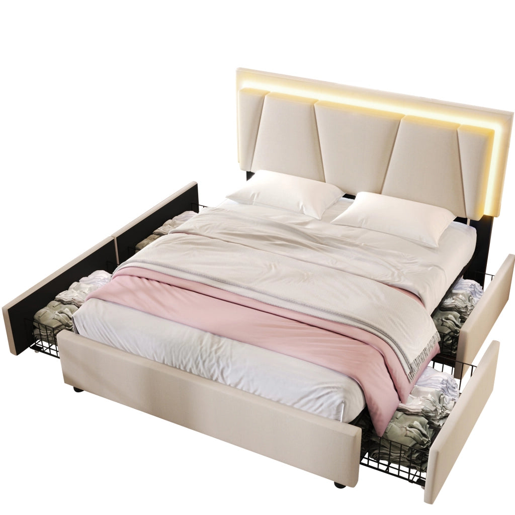 Letto matrimoniale 160x200 cm con LED; testiera regolabile e 4 cassetti; beige