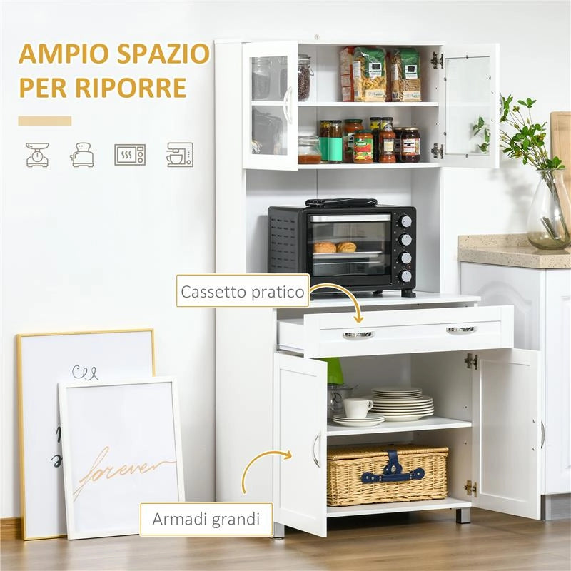 MOBILE CUCINA MODERNO CON 2 ARMADIETTI ANTE IN VETRO E MENSOLE REGOLABILI 80X48X170 CM BIANCO