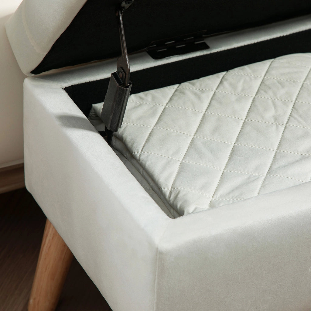 Panca contenitore imbottita con bottoni e spazio nascosto, in poliestere con gambe in legno, bianca 80 × 35 × 40 cm