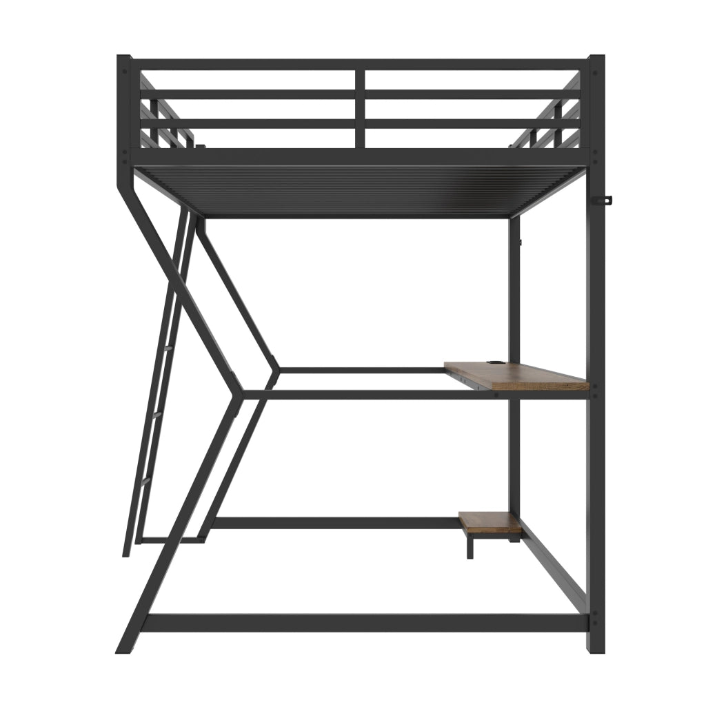 Letto a soppalco ULEVR 90x200 cm con luce LED, scrivania, prese USB e struttura nera