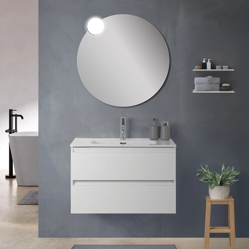Mobile bagno sospeso 80 cm in legno bianco lucido 2 cassettoni con lavabo e specchio Leda