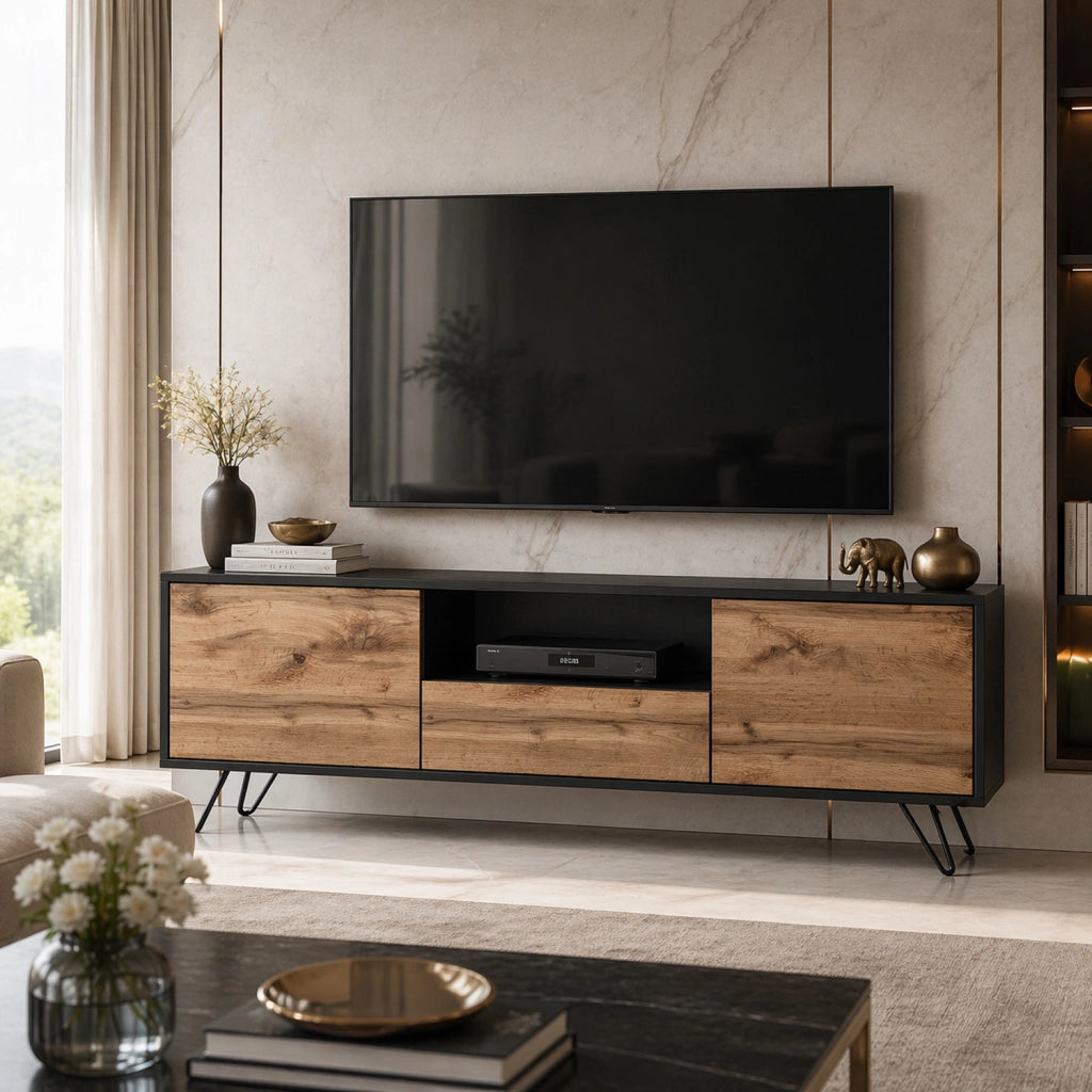 Mobile TV Con 2 Ante Battenti Anta A Ribalta E Vano A Giorno Design Minimal Moderno Per Soggiorno Salotto Sala Da Pranzo E Zona Living 137 x 52 x 33 cm Nero E Rovere