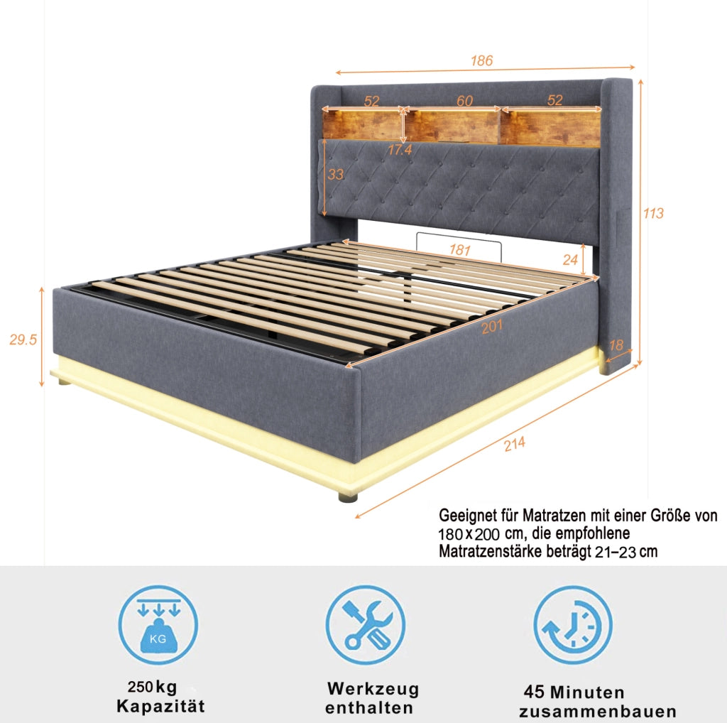 Letto matrimoniale imbottito 180x200 cm con LED; USB e contenitore idraulico; grigio