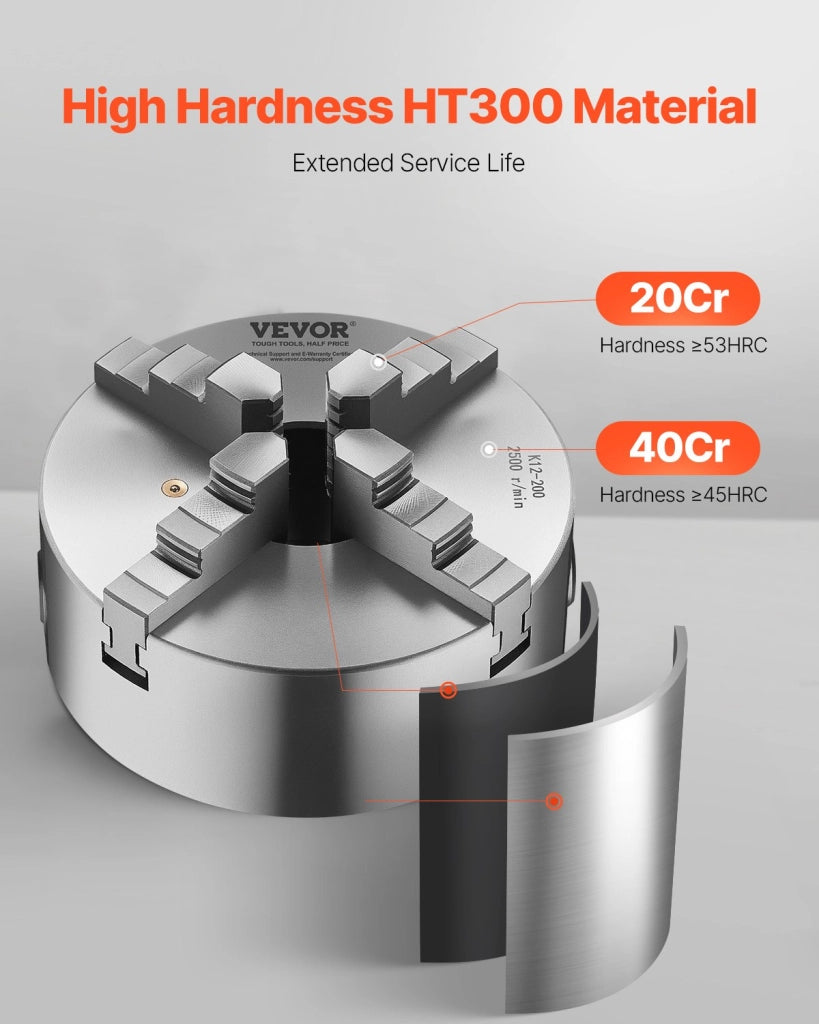 Mandrino per Tornio K12-200 a 4 Griffe Autocentrante φ200mm in HT300 con Piastra Filettata Chiave a T Robusto per Officina