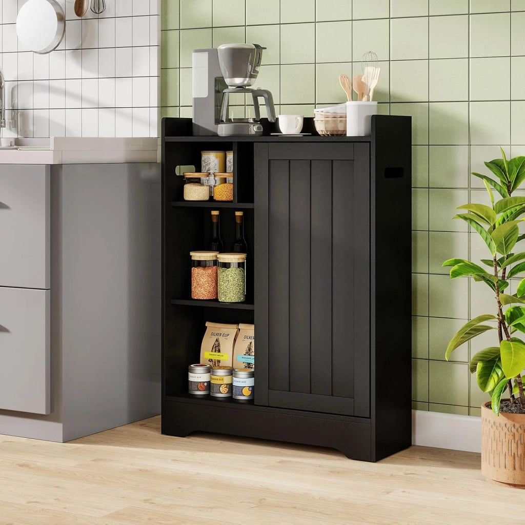 Mobile da Bagno, Armadietto Sottile con Porta Carta Igienica, Scomparto per Spazzolino e Ripiani Regolabili Accanto al WC, Armadio con Porta Scorrevole per Spazi Ridotti (Nero)