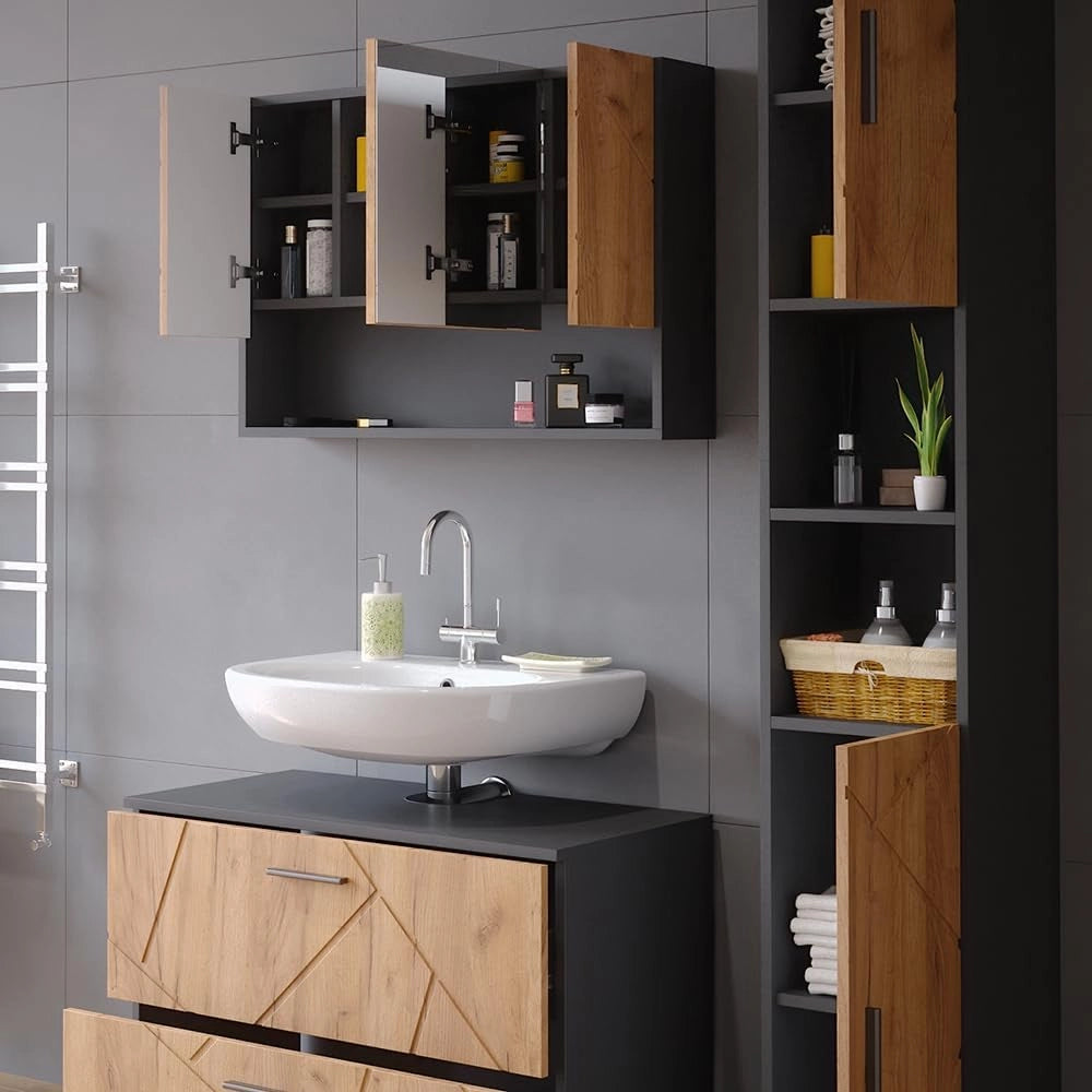 Set mobili bagno Irma, Quercia dorata/antracite, 80 cm, composto da mobile sottolavabo, specchiera e colonna alta
