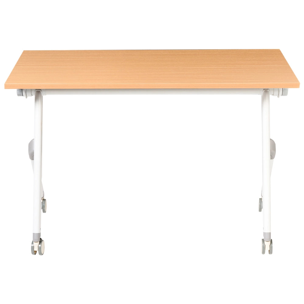 Scrivania da ufficio pieghevole con struttura in metallo marrone e bianco, piano in MFC 120 x 60 cm, tavolo pieghevole portatile con rotelle