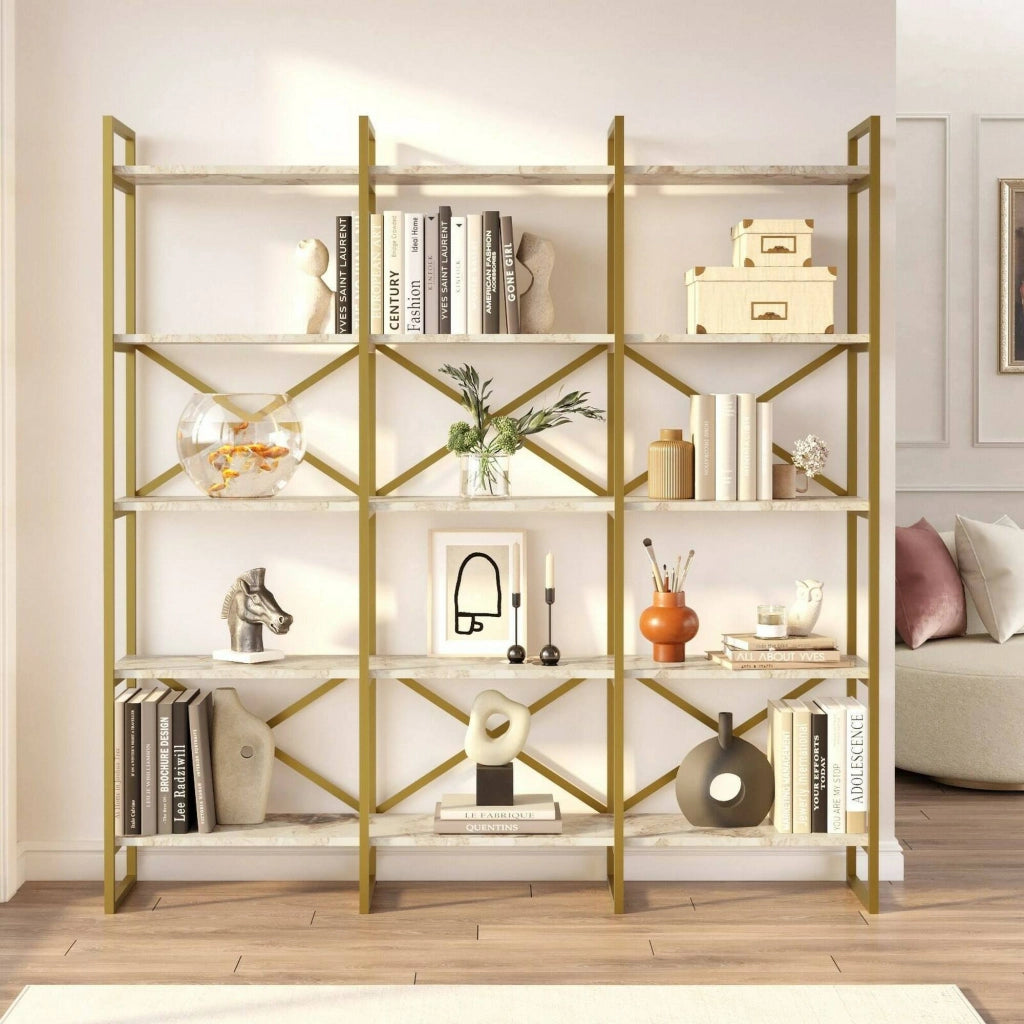 Libreria Gauro, Scaffale da ufficio, Mobile portalibri, Biblioteca, 170x30h175 cm, Bianco e Oro