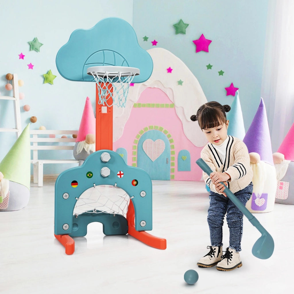 Canestro da basket 3 in 1 con 5 altezze regolabili, Canestro da basket e gioco del golf per bambini Blu e arancione