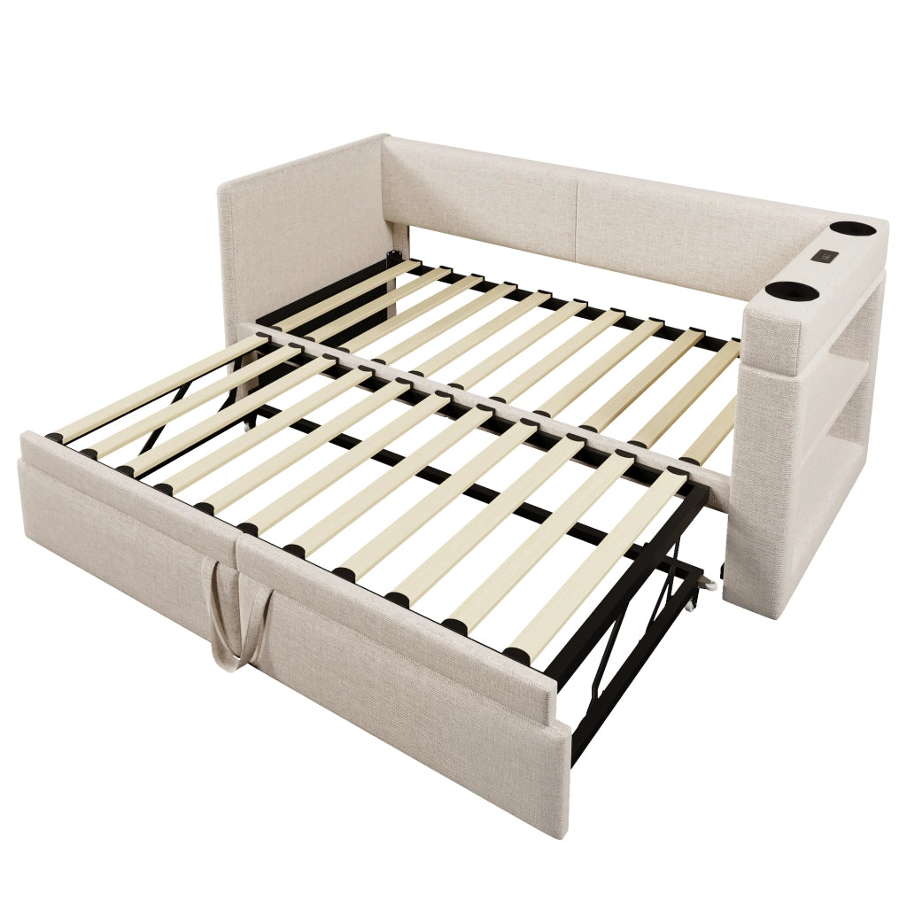 Divano letto estraibile 90x200 cm, letto singolo con porta USB e Tipo-C, beige, senza materasso
