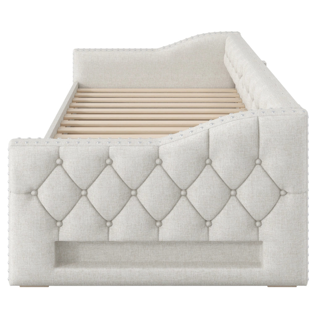 Letto da giorno imbottito 90x200 cm con LED; letto estraibile e tre cassetti; beige