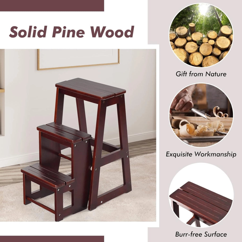 2 in 1 Scaletta e Sgabello Legno, Sgabello Scala Pieghevole, a 3 Gradini, Portata di 150 kg, Richiudibile e Salvaspazio, Ideale per Soggiorno/Studio/Ufficio, 38,5x57x66 cm, 2 Colori